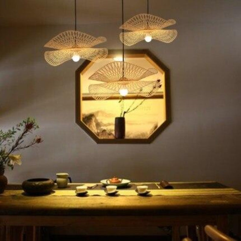 Muto Vintage LED Pendelleuchte Chinesisch Natur Ess/Schlaf/Wohnzimmer Rattan