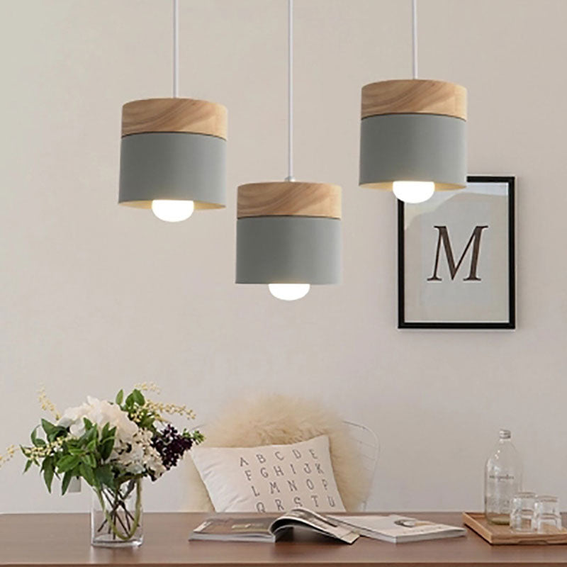 Morandi Nordische Zylinder LED Pendelleuchte Grau/Weiß/Gelb/Grün Wohnzimmer Holz