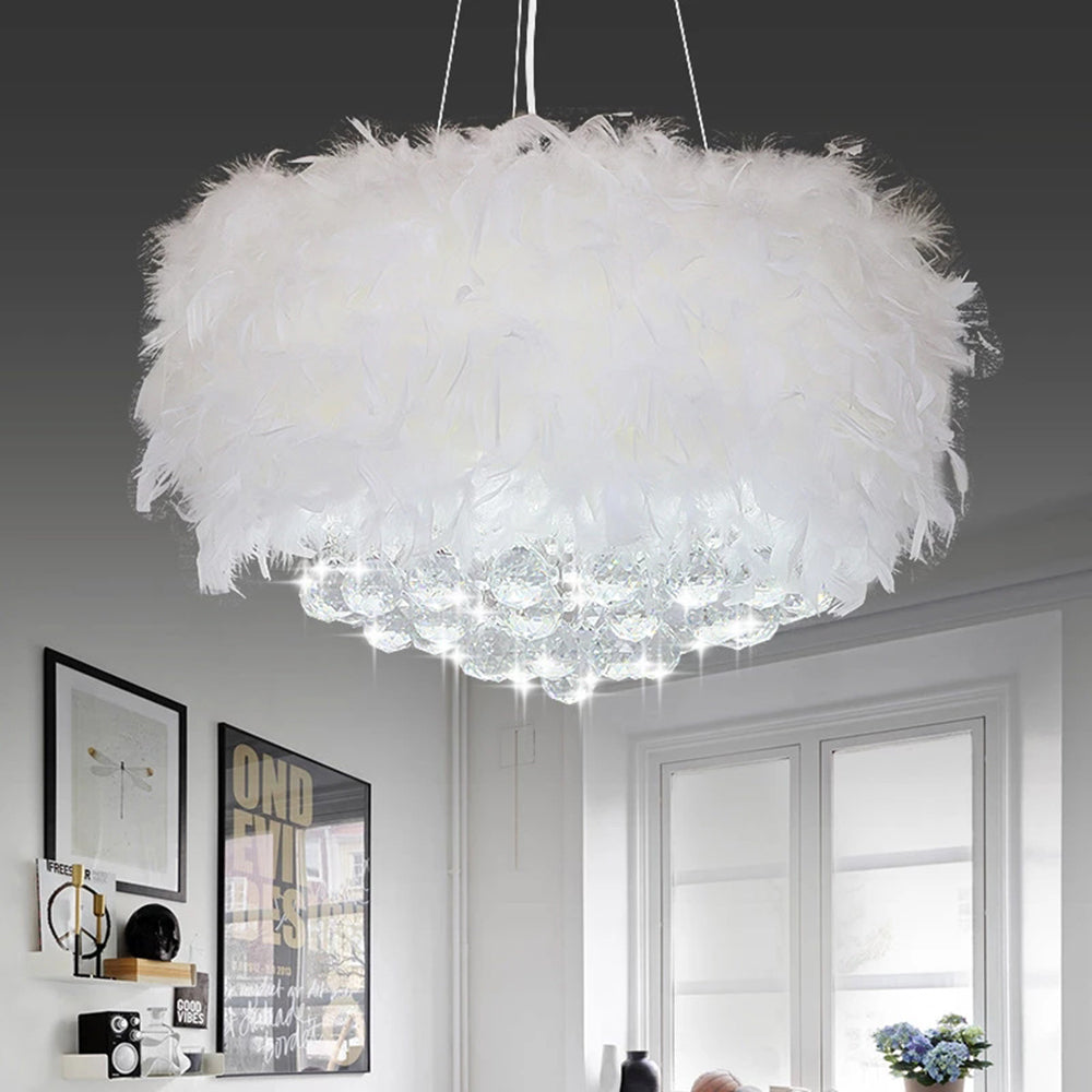O'Moore Modern LED Pendelleuchte Weiß Wohnzimmer Metall&Feder&Kristall